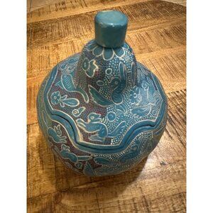 Handcrafted Mexican Blue Decorative Hand Painted Gourd With Intricate Folk Anima